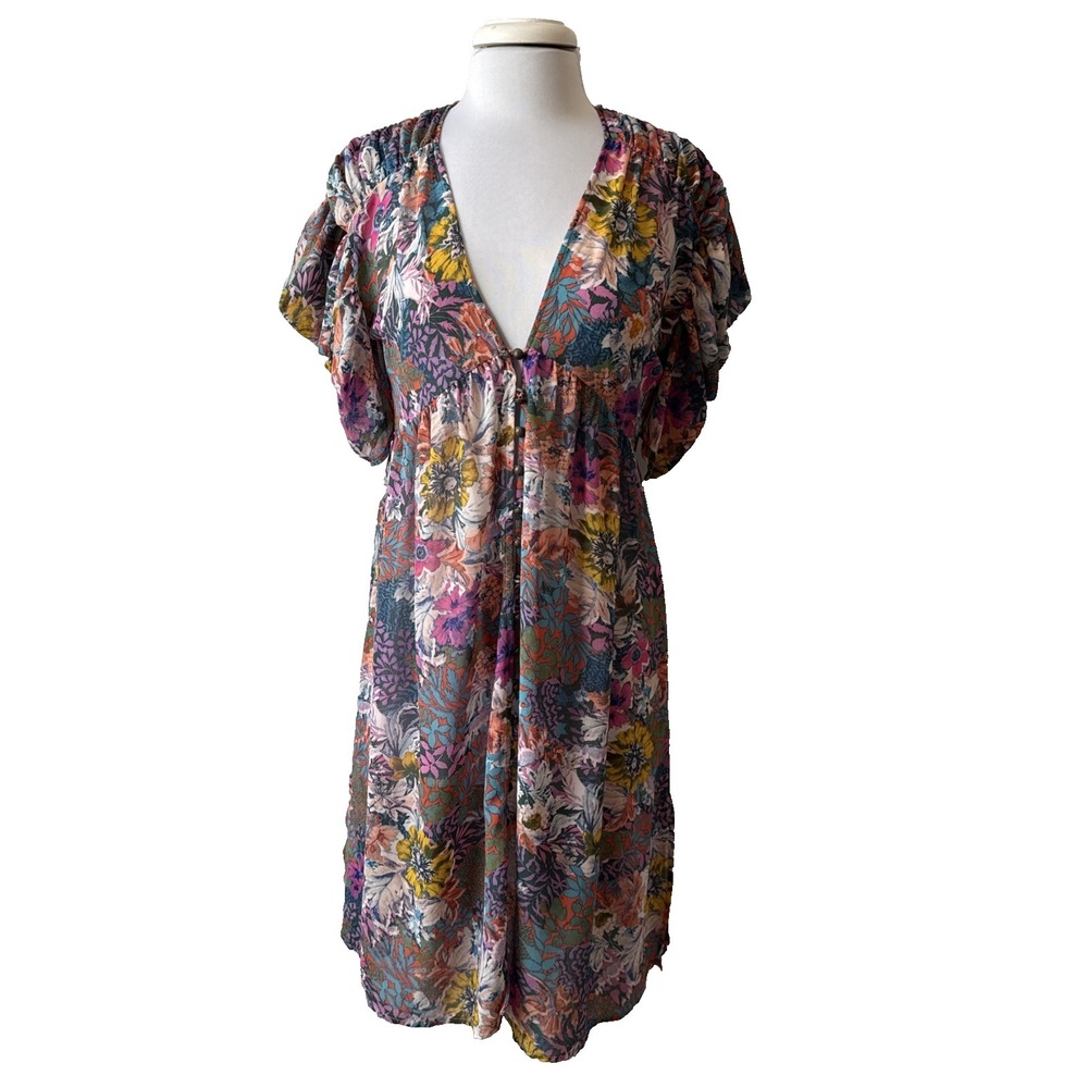Anthropologie Akemi Kin Valencia Floral Sheer Ruched Sleeve Dress XS Fairy Boho